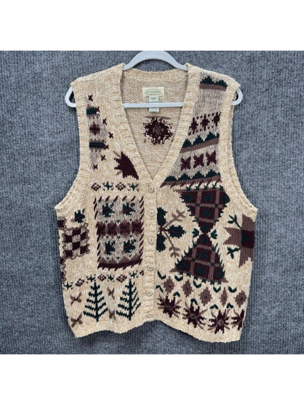 Vintage St Johns Bay Knit Sweater Vest Womens 1X Tan Burgundy Button V-Neck Tree - Picture 1 of 7